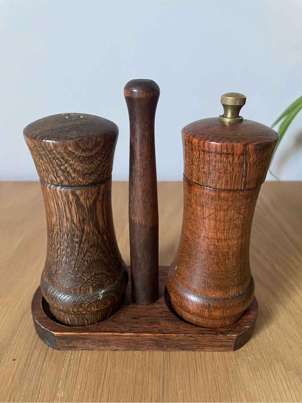Vintage MCM Wooden Salt Shaker and Pepper Mill Set with Stand